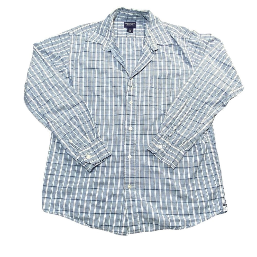American Eagle Men's M Blue Plaid Button Down Shirt Regular Fit Long Sleeve